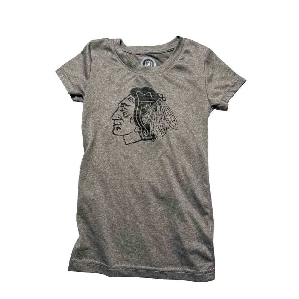 NHL Chicago Blackhawks Gray Kid Short Sleeve Shirt Size XS 4/5 Girl Logo Hockey